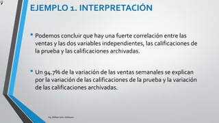 COEFICIENTE DE
DETERMINACIÓN (R2) AJUSTADO
Ing. William león Velásquez
Para manejar este problema, se puede utilizar el
r2 ajustado, que ajusta por el número de
variables que hay en el modelo.
El r2 ajustado es:
𝑟2
𝑎 = 1 −
𝑛 − 1
𝑛 − 𝑝 − 1
(1 − 𝑟2
)
𝑟2
𝑎 = 1 −
5−1
5−3
(1 − 0947)=0.894
n= 5
p= 2
r2= 0.947
 