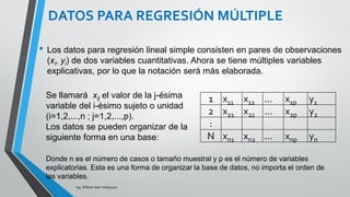 Es más fácil y práctico partir de la ecuación del
modelo de regresión lineal:
Y = β0 + β1*X1 + β2*X2 +……..+ βk*Xk + ε
 La variable dependiente Y se interpreta como una
combinación lineal de un conjunto de K variables
independientes, cada una de las cuales va acompañada
de un coeficiente β, que indica el peso relativo de esa
variable en la ecuación
La ecuación incluye un componente aleatorio (los residuos
ε) que recoge todo lo que las variables independientes no
son capaces de explicar
INTRODUCCIÓN
 