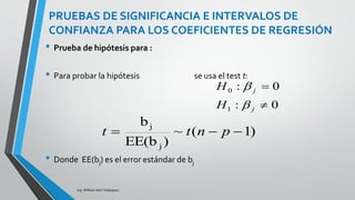 TABLA DE ANOVA PARA
REGRESIÓN MÚLTIPLE
Ing. William león Velásquez
La tabla de análisis de varianza para la
regresión múltiple es la siguiente:
Fuente de
variación
GL
Grados de
libertad
SC
Suma de
Cuadrados
CM
Cuadrados
Medios
Modelo p
Residuo
n-p-1
Total
n-1
𝑆𝐶𝑀𝑜𝑑 = 𝑦 − 𝑦 2
𝑆𝐶𝑅𝑒𝑠 = 𝑦𝑖 − 𝑦𝑖
2
𝑆𝐶𝑇𝑜𝑡 = 𝑦𝑖 − 𝑦 2
𝑆𝐶𝑀𝑜𝑑
𝑝
𝑆𝐶𝑀𝑜𝑑
𝑛 − 𝑝 − 1
 