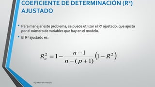 Ing. William león Velásquez
COMO SE INTERPRETA LOS
RESULTADOS
Pendiente de Tamaño: Por cada unidad que aumenta el
tamaño de la empresa, el estrés del ejecutivo aumenta en
0,176 unidades.
Pendiente de Años: Por cada año en posición actual, el estrés
del ejecutivo disminuye en 1,563 puntos.
Pendiente de Salario: Por cada mil dólares que aumenta el
salario, el estrés del ejecutivo aumenta en 1,575 puntos.
Pendiente de la edad: por cada año de edad, el estrés del
ejecutivo aumenta en 1,629 puntos.
EJEMPLO 3
 