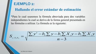 Ing. William león Velásquez
La Facultad de una Universidad
quiere entender los factores de
aprendizaje de los alumnos que
cursan la asignatura de Gestión de
Proyectos.
Para lo cual se escoge al azar una
muestra de 7 alumnos y ellos
registran notas promedios en las
asignaturas de Contabilidad
Básica, Doctrina Contable y
Macroeconomía como se
muestran en el siguiente cuadro.
EJEMPLO 5
 