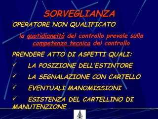 14
SORVEGLIANZASORVEGLIANZA
OPERATORE NON QUALIFICATO
la quotidianeità del controllo prevale sulla
competenza tecnica del controllo
PRENDERE ATTO DI ASPETTI QUALI:
 LA POSIZIONE DELL’ESTINTORE
 LA SEGNALAZIONE CON CARTELLO
 EVENTUALI MANOMISSIONI
 ESISTENZA DEL CARTELLINO DI
MANUTENZIONE
 