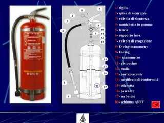 21
1
2
3
4
5
6
7
8
10
9 11
12
13
14
15
16
17
1- sigillo
2- spina di sicurezza
3- valvola di sicurezza
4- manichetta in gomma
5- lancia
6- supporto inox
7- valvola di erogazione
8- O-ring manometro
9- O-ring
10 – manometro
11- pistoncino
12- molla
13- portapescante
14- certificato di conformità
15- etichetta
16- pescante
17- serbatoio
00- schiuma AFFF
00
 