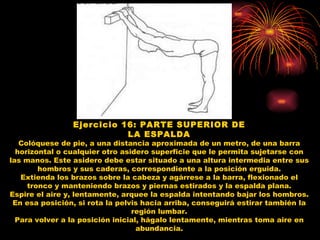 Ejercicio 16: PARTE SUPERIOR DE LA ESPALDA Colóquese de pie, a una distancia aproximada de un metro, de una barra horizontal o cualquier otro asidero superficie que le permita sujetarse con las manos. Este asidero debe estar situado a una altura intermedia entre sus hombros y sus caderas, correspondiente a la posición erguida. Extienda los brazos sobre la cabeza y agárrese a la barra, flexionado el tronco y manteniendo brazos y piernas estirados y la espalda plana. Espire el aire y, lentamente, arquee la espalda intentando bajar los hombros. En esa posición, si rota la pelvis hacia arriba, conseguirá estirar también la región lumbar. Para volver a la posición inicial, hágalo lentamente, mientras toma aire en abundancia. 