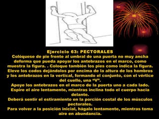 Ejercicio 63: PECTORALES Colóquese de pie frente al umbral de una puerta no muy ancha deforma que pueda apoyar los antebrazos en el marco, como muestra la figura. . Coloque también los pies como indica la figura. Eleve los codos dejándolos por encima de la altura de los hombros y los antebrazos en la vertical, formando el conjunto, con el vértice del cuello, una “V”. Apoye los antebrazos en el marco de la puerta uno a cada lado. Espire el aire lentamente, mientras inclina todo el cuerpo hacia delante. Deberá sentir el estiramiento en la porción costal de los músculos pectorales. Para volver a la posición inicial, hágalo lentamente, mientras toma aire en abundancia. 