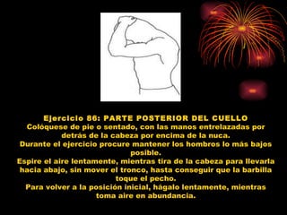 Ejercicio 86: PARTE POSTERIOR DEL CUELLO Colóquese de pie o sentado, con las manos entrelazadas por detrás de la cabeza por encima de la nuca. Durante el ejercicio procure mantener los hombros lo más bajos posible. Espire el aire lentamente, mientras tira de la cabeza para llevarla hacia abajo, sin mover el tronco, hasta conseguir que la barbilla toque el pecho. Para volver a la posición inicial, hágalo lentamente, mientras toma aire en abundancia. 