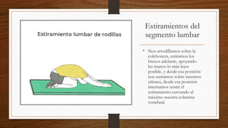 Estiramientos del
segmento lumbar
• Nos arrodillamos sobre la
colchoneta, estiramos los
brazos adelante, apoyando
las manos lo más lejos
posible, y desde esa posición
nos sentamos sobre nuestros
talones, desde esa posición
intentamos sentir el
estiramiento curvando al
máximo nuestra columna
vertebral.
 