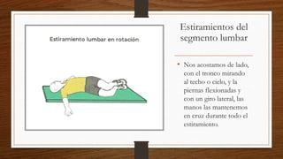Estiramientos del
segmento lumbar
• Nos acostamos de lado,
con el tronco mirando
al techo o cielo, y la
piernas flexionadas y
con un giro lateral, las
manos las mantenemos
en cruz durante todo el
estiramiento.
 