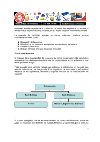 7
movilidad articular representa la posibilidad de mover los segmentos corporales, a
través de sus respectivas articulaciones, en su mayor rango de movimiento posible.
La carencia de movilidad articular en ciertos músculos, produce severos
inconvenientes tales como:
Desviación de la postura.
Dificultad de los músculos a adaptarse a movimientos explosivos.
Falta de coordinación.
Roturas fibrilares ante una exigencia muscular.
Elasticidad Muscular
El músculo tiene la propiedad de recuperar su forma, luego haber sido sometido a
una contracción, dado que durante la fase de contracción se acorta y durante la fase
de relajación se alarga.
Todo músculo tiene un límite natural para estirarse, si estiráramos un músculo más
allá de dicho límite, se desgarraría. Esta capacidad de extensión o estiramiento
depende de los ligamentos, tendones y cápsula articular de las articulaciones en
cuestión.
El cuadro ejemplifica que en el entrenamiento de la flexibilidad no sólo entran en
juego los músculos sino también los huesos, tendones y ligamentos, por lo tanto, no
Estiramientos
Parte Estática Parte Dinámica
Músculos, Ligamentos y TendonesHuesos
 