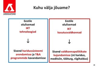 Kuhu välja jõuame?

         Eestile                       Eestile
       olulisemad                   olulisemad
           IKT                          IKT
      tehnoloogiad               kasutusvaldkonnad


           ↓                             ↓
  Sisend haridussüsteemi    Sisend valdkonnapoliitikate
    arendamisse ja T&A       kujundamisse (nt haridus,
programmide kavandamisse   meditsiin, tööturg, riigihaldus)
                                                              28
 