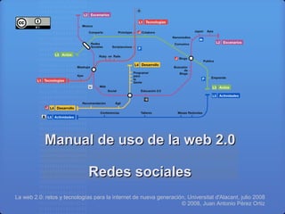 Manual de uso de la web 2.0

                              Redes sociales
La web 2.0: retos y tecnologías para la internet de nueva generación, Universitat d'Alacant, julio 2008
                                                                   © 2008, Juan Antonio Pérez Ortiz
 