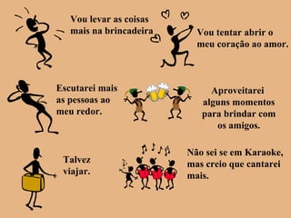 Vou levar as coisas
mais na brincadeira Vou tentar abrir o
meu coração ao amor.
Escutarei mais
as pessoas ao
meu redor.
Aproveitarei
alguns momentos
para brindar com
os amigos.
Talvez
viajar.
Não sei se em Karaoke,
mas creio que cantarei
mais.
 