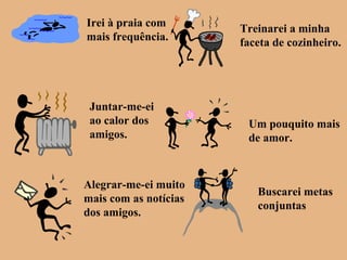 Irei à praia com
mais frequência.
Treinarei a minha
faceta de cozinheiro.
Juntar-me-ei
ao calor dos
amigos.
Um pouquito mais
de amor.
Alegrar-me-ei muito
mais com as notícias
dos amigos.
Buscarei metas
conjuntas
 
