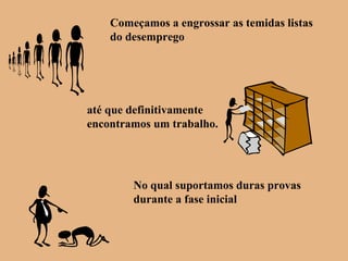 Começamos a engrossar as temidas listas
do desemprego
até que definitivamente
encontramos um trabalho.
No qual suportamos duras provas
durante a fase inicial
 