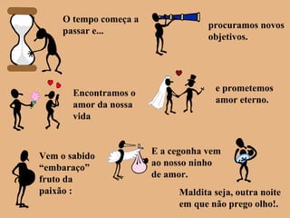 O tempo começa a
passar e...
procuramos novos
objetivos.
Encontramos o
amor da nossa
vida
e prometemos
amor eterno.
Vem o sabido
“embaraço”
fruto da
paixão :
E a cegonha vem
ao nosso ninho
de amor.
Maldita seja, outra noite
em que não prego olho!.
 