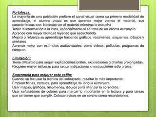 Fortalezas:
La mayoría de una población prefiere el canal visual como su primera modalidad de
aprendizaje, el alumno visual es que aprende mejor viendo el material, sus
características son: Necesita ver el material mientras lo escucha
Tener la información a la vista, especialmente si se trata de un idioma extranjero.
Aprende con mayor facilidad leyendo que escuchando
Mejora o refuerza su aprendizaje haciendo gráficos, resúmenes, esquemas, dibujos y
similares
Aprende mejor con estímulos audiovisuales: como videos, películas, programas de
cómputo.

Limitación:
Tiene dificultad para seguir explicaciones orales, exposiciones o charlas prolongadas.
Requiere mayor esfuerzo para seguir indicaciones o instrucciones sólo orales.

Sugerencia para mejorar este estilo:
Cuando se lee usar la técnica del subrayado, resaltar lo más importante.
Emplear fichas, carteles, para aprendizaje de lengua extranjera.
Usar mapas, gráficos, resúmenes, dibujos para afianzar lo aprendido.
Usar señaladores de colores para marcar lo importante en la lectura y para tareas
que se tienen que cumplir. Colocar avisos en un corcho como recordatorios.
 