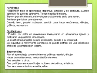 Fortalezas
Responden bien al aprendizaje deportivo, artístico y de cómputo. Gustan
aprender lo que sea operativo. Tienen habilidad motora.
Tienen gran dinamismo, se involucran activamente en lo que hacen.
Prefieren participar que observar.
Cuando leen, pueden subrayar, escribir para hacer resúmenes, dibujos,
gráficos, esquemas.

Limitaciones
 Pueden por estar en movimiento involucrarse en situaciones ajenas y
motivarse un problema innecesario.
Le es difícil tomar notas de una exposición, debido a su inquietud.
Su inquietud o movimiento constante, lo puede distraer de una indicación
oral o de la comprensión lectora.

Sugerencias:
Fijar el aprendizaje con movimientos gráficos: escribir, dibujar.
Hacer dramatizaciones, interpretación de roles
Que enseñen a otros.
Que participen en aprendizajes motores, deportivos, artísticos.
Que se mueva mientras estudia, o lee.
 