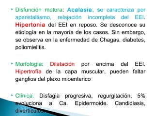  Disfunción motora: Acalasia, se caracteriza por
aperistaltismo, relajación incompleta del EEI.
Hipertonia del EEI en reposo. Se desconoce su
etiología en la mayoría de los casos. Sin embargo,
se observa en la enfermedad de Chagas, diabetes,
poliomielitis.
 Morfología: Dilatación por encima del EEI.
Hipertrofía de la capa muscular, pueden faltar
ganglios del plexo mioenterico
 Clínica: Disfagia progresiva, regurgitación, 5%
evoluciona a Ca. Epidermoide. Candidiasis,
divertículos.
 