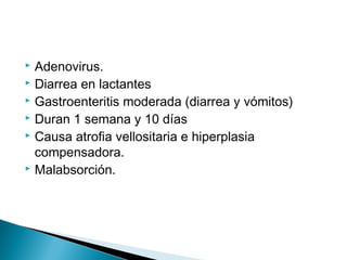  Adenovirus.
 Diarrea en lactantes
 Gastroenteritis moderada (diarrea y vómitos)
 Duran 1 semana y 10 días
 Causa atrofia vellositaria e hiperplasia
compensadora.
 Malabsorción.
 