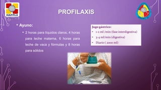 PROFILAXIS
• Ayuno:
• 2 horas para líquidos claros, 4 horas
para leche materna, 6 horas para
leche de vaca y fórmulas y 8 horas
para sólidos
 