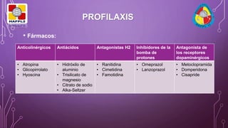 PROFILAXIS
• Fármacos:
Anticolinérgicos Antiácidos Antagonistas H2 Inhibidores de la
bomba de
protones
Antagonista de
los receptores
dopaminérgicos
• Atropina
• Glicopirrolato
• Hyoscina
• Hidróxilo de
aluminio
• Trisilicato de
magnesio
• Citrato de sodio
• Alka-Seltzer
• Ranitidina
• Cimetidina
• Famotidina
• Omeprazol
• Lanzoprazol
• Metoclopramida
• Domperidona
• Cisapride
 