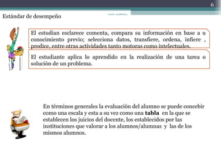 Estándar de desempeño
El estudian esclarece comenta, compara su información en base a u
conocimiento previo; selecciona datos, transfiere, ordena, infiere ,
predice, entre otras actividades tanto motoras como intelectuales.
El estudiante aplica lo aprendido en la realización de una tarea o
solución de un problema.
En términos generales la evaluación del alumno se puede concebir
como una escala y esta a su vez como una tabla en la que se
establecen los juicios del docente, los establecidos por las
instituciones que valorar a los alumnos/alumnas y las de los
mismos alumnos.
6
coord. académica,
 