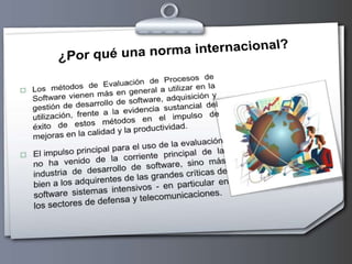 EstructuraSistema de la calidad.Responsabilidad de la gestión.Sistema de la calidad.Auditorías internas al sistema de la calidad.Acciones correctivas.Sistema de la calidad .General.Análisis del contratoEspecificación de los requisitos del compradorPlanificación del desarrolloPlanificación de la calidadProyecto e implementaciónPruebas y validacionesAceptaciónReproducción, entrega e instalaciónMantenimientoSistema de la calidad - actividades de apoyo (independientes de cualquier fase)Gestión de la configuraciónControl de documentosRegistros de la calidadMediciónReglas, prácticas y convencionesHerramientas y técnicasAprovisionamentoProductos de software incluidos