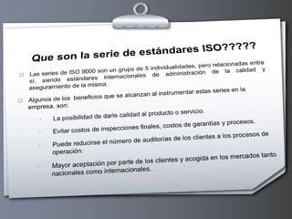 CMMISOLa Organización Internacional para la Estandarización, mejor conocida como ISO, es la agencia especializada en estandarización, fue establecida oficialmente el 23 de febrero de 1947 con el objeto de promover la estandarización internacional, de tal manera que se facilitara el intercambio internacional de bienes y servicios casi como el desarrollo científico y tecnológico. Actualmente abarca los estándares nacionales de 91 países y en los Estados Unidos, la representación se llama The American NationalStandardsInstitute (ANSI).ISO comprende alrededor de 180 Comités técnicos. Cada uno es responsable de una o más áreas de especialización, abarcan desde las abreviaturas de los sistemas de medición hasta la especificación de protocolos de transferencia, pasando por especificación de tornillos, lentes, contenedores marítimos, medios magnéticos, hojas de papel, cables, elementos estructurales, pruebas de seguridad, simbología, medio ambiente, etc., y por supuesto software.