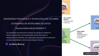 UNIVERSIDAD PEDAGÓGICA Y TECNOLÓGICA DE COLOMBIA
ESTÁNDARES DE INTERCAMBIO DE DATOS
Docente MARIA NELBA MONROY F.
Los estándares de intercambio de datos son pautas que definen el
formato, la estructura y el procesamiento de los datos para su
intercambio entre sistemas. Son esenciales para garantizar la coherencia
y la interoperabilidad en entornos tecnológicos diversos.
Ma by María Monroy
 
