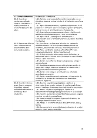 18 
 
 
ESTÁNDARES GENERALES  ESTÁNDARES ESPECÍFICOS 
3.1. El docente se 
mantiene actualizado 
respecto a los avances e 
investigaciones en la 
enseñanza de su área del 
saber.  
 
3.1.1. Participa en procesos de formación relacionados con su 
ejercicio profesional tanto al interior de la institución como fuera 
de ella. 
3.1.2. Aplica los conocimientos y experiencias aprendidas en los 
procesos de formación relacionados con su ejercicio profesional, 
tanto al interior de la institución como fuera de ella. 
3.1.3. Se actualiza en temas que tienen directa relación con la 
realidad que involucra su entorno y la de sus estudiantes. 
3.1.4. Aplica las TIC (Tecnologías de la Información y 
Comunicación) para su formación profesional, práctica docente e 
investigativa.  
3.2. El docente participa en 
forma colaborativa con 
otros miembros de la 
comunidad educativa.  
 
3.2.1. Contribuye a la eficacia de la institución, trabajando 
colaborativamente con otros profesionales en políticas de 
enseñanza, desarrollo del currículo y desarrollo profesional.  
3.2.2. Actúa acorde a los objetivos y filosofía del Proyecto 
Educativo Institucional y del Currículo Nacional.  
3.2.3. Trabaja en colaboración con los padres de familia y la 
comunidad, involucrándolos productivamente en las actividades 
del aula y de la institución.  
3.2.4. Genera nuevas formas de aprendizaje con sus colegas y 
sus estudiantes. 
3.2.5. Establece canales de comunicación efectivos y redes de 
apoyo entre colegas para crear ambientes de colaboración y 
trabajo conjunto a nivel interno y externo. 
3.2.6. Genera en el aula y en la institución una cultura de 
aprendizaje permanente. 
3.2.7. Genera un ambiente participativo para el intercambio de 
alternativas de asistencia a estudiantes con necesidades 
educativas especiales. 
3.3. El docente reflexiona 
antes, durante y después 
de su labor, sobre el 
impacto de la misma en el 
aprendizaje de sus 
estudiantes. 
3.3.1. Examina sus prácticas pedagógicas a partir de la 
observación de sus propios procesos de enseñanza y la de sus 
pares, y los efectos de estos en el aprendizaje de los estudiantes. 
3.3.2. Analiza sus prácticas pedagógicas a partir de la 
retroalimentación dada por otros profesionales de la educación.  
3.3.3. Hace los ajustes necesarios al diseño de sus clases luego de 
examinar sus prácticas pedagógicas.  
3.3.4. Investiga sobre los procesos de aprendizaje y sobre las 
estrategias de enseñanza en el aula. 
3.3.5. Adapta su enseñanza a nuevos descubrimientos, ideas y 
teorías.  
3.3.6. Demuestra tener un sentido de autovaloración de su labor 
como docente y agente de cambio. 
 
 
 
 
 
