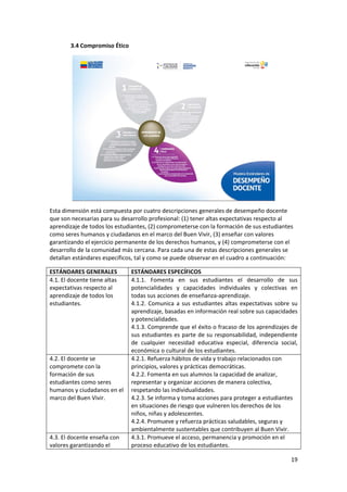 19 
 
3.4 Compromiso Ético 
 
Esta dimensión está compuesta por cuatro descripciones generales de desempeño docente 
que son necesarias para su desarrollo profesional: (1) tener altas expectativas respecto al 
aprendizaje de todos los estudiantes, (2) comprometerse con la formación de sus estudiantes 
como seres humanos y ciudadanos en el marco del Buen Vivir, (3) enseñar con valores 
garantizando el ejercicio permanente de los derechos humanos, y (4) comprometerse con el 
desarrollo de la comunidad más cercana. Para cada una de estas descripciones generales se 
detallan estándares específicos, tal y como se puede observar en el cuadro a continuación:  
ESTÁNDARES GENERALES  ESTÁNDARES ESPECÍFICOS 
4.1. El docente tiene altas 
expectativas respecto al 
aprendizaje de todos los 
estudiantes. 
4.1.1.  Fomenta  en  sus  estudiantes  el  desarrollo  de  sus 
potencialidades  y  capacidades  individuales  y  colectivas  en 
todas sus acciones de enseñanza‐aprendizaje.  
4.1.2. Comunica a sus estudiantes altas expectativas sobre su 
aprendizaje, basadas en información real sobre sus capacidades 
y potencialidades. 
4.1.3. Comprende que el éxito o fracaso de los aprendizajes de 
sus estudiantes es parte de su responsabilidad, independiente 
de  cualquier  necesidad  educativa  especial,  diferencia  social, 
económica o cultural de los estudiantes.  
4.2. El docente se 
compromete con la 
formación de sus 
estudiantes como seres 
humanos y ciudadanos en el 
marco del Buen Vivir. 
4.2.1. Refuerza hábitos de vida y trabajo relacionados con 
principios, valores y prácticas democráticas. 
4.2.2. Fomenta en sus alumnos la capacidad de analizar, 
representar y organizar acciones de manera colectiva, 
respetando las individualidades. 
4.2.3. Se informa y toma acciones para proteger a estudiantes 
en situaciones de riesgo que vulneren los derechos de los 
niños, niñas y adolescentes.  
4.2.4. Promueve y refuerza prácticas saludables, seguras y 
ambientalmente sustentables que contribuyen al Buen Vivir. 
4.3. El docente enseña con 
valores garantizando el 
4.3.1. Promueve el acceso, permanencia y promoción en el 
proceso educativo de los estudiantes. 
 