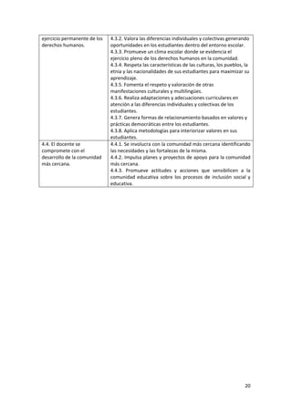 20 
 
ejercicio permanente de los 
derechos humanos. 
4.3.2. Valora las diferencias individuales y colectivas generando 
oportunidades en los estudiantes dentro del entorno escolar. 
4.3.3. Promueve un clima escolar donde se evidencia el 
ejercicio pleno de los derechos humanos en la comunidad. 
4.3.4. Respeta las características de las culturas, los pueblos, la 
etnia y las nacionalidades de sus estudiantes para maximizar su 
aprendizaje.  
4.3.5. Fomenta el respeto y valoración de otras 
manifestaciones culturales y multilingües.  
4.3.6. Realiza adaptaciones y adecuaciones curriculares en 
atención a las diferencias individuales y colectivas de los 
estudiantes.  
4.3.7. Genera formas de relacionamiento basados en valores y 
prácticas democráticas entre los estudiantes. 
4.3.8. Aplica metodologías para interiorizar valores en sus 
estudiantes. 
4.4. El docente se 
compromete con el 
desarrollo de la comunidad 
más cercana. 
4.4.1. Se involucra con la comunidad más cercana identificando 
las necesidades y las fortalezas de la misma. 
4.4.2. Impulsa planes y proyectos de apoyo para la comunidad 
más cercana. 
4.4.3.  Promueve  actitudes  y  acciones  que  sensibilicen  a  la 
comunidad educativa sobre los procesos de inclusión social y 
educativa. 
 
 
 
 
 
 
 
 
 
 
 
 
 
 
 
 
 
 