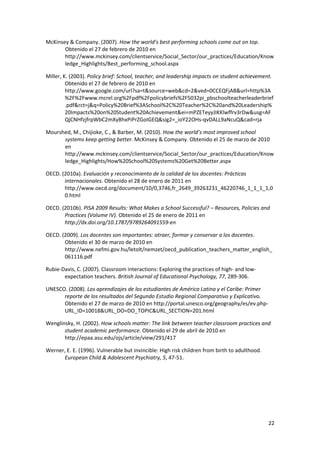 22 
 
McKinsey & Company. (2007). How the world’s best performing schools come out on top. 
Obtenido el 27 de febrero de 2010 en 
http://www.mckinsey.com/clientservice/Social_Sector/our_practices/Education/Know
ledge_Highlights/Best_performing_school.aspx  
Miller, K. (2003). Policy brief: School, teacher, and leadership impacts on student achievement. 
Obtenido el 27 de febrero de 2010 en 
http://www.google.com/url?sa=t&source=web&cd=2&ved=0CCEQFjAB&url=http%3A
%2F%2Fwww.mcrel.org%2Fpdf%2Fpolicybriefs%2F5032pi_pbschoolteacherleaderbrief
.pdf&rct=j&q=Policy%20Brief%3ASchool%2C%20Teacher%2C%20and%20Leadership%
20Impacts%20on%20Student%20Achievement&ei=mPZETeyyJIKKlwffrv3rDw&usg=AF
QjCNHfzjfrpWbC2mXyBhxPiPrZGoIGEQ&sig2=_ioY22OHs‐qvDALL9aNcuQ&cad=rja 
Mourshed, M., Chijioke, C., & Barber, M. (2010). How the world’s most improved school 
systems keep getting better. McKinsey & Company. Obtenido el 25 de marzo de 2010 
en 
http://www.mckinsey.com/clientservice/Social_Sector/our_practices/Education/Know
ledge_Highlights/How%20School%20Systems%20Get%20Better.aspx  
OECD. (2010a). Evaluación y reconocimiento de la calidad de los docentes: Prácticas 
internacionales. Obtenido el 28 de enero de 2011 en 
http://www.oecd.org/document/10/0,3746,fr_2649_39263231_46220746_1_1_1_1,0
0.html 
OECD. (2010b). PISA 2009 Results: What Makes a School Successful? – Resources, Policies and 
Practices (Volume IV). Obtenido el 25 de enero de 2011 en 
http://dx.doi.org/10.1787/9789264091559‐en 
OECD. (2009). Los docentes son importantes: atraer, formar y conservar a los docentes. 
Obtenido el 30 de marzo de 2010 en 
http://www.nefmi.gov.hu/letolt/nemzet/oecd_publication_teachers_matter_english_
061116.pdf  
Rubie‐Davis, C. (2007). Classroom interactions: Exploring the practices of high‐ and low‐
expectation teachers. British Journal of Educational Psychology, 77, 289‐306. 
UNESCO. (2008). Los aprendizajes de los estudiantes de América Latina y el Caribe: Primer 
reporte de los resultados del Segundo Estudio Regional Comparativo y Explicativo. 
Obtenido el 27 de marzo de 2010 en http://portal.unesco.org/geography/es/ev.php‐
URL_ID=10018&URL_DO=DO_TOPIC&URL_SECTION=201.html 
Wenglinsky, H. (2002). How schools matter: The link between teacher classroom practices and 
student academic performance. Obtenido el 29 de abril de 2010 en 
http://epaa.asu.edu/ojs/article/view/291/417  
Werner, E. E. (1996). Vulnerable but invincible: High risk children from birth to adulthood. 
European Child & Adolescent Psychiatry, 5, 47‐51.  
 
 
 
 
 