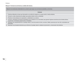 16
Prebásica
Mejoran las condiciones ambientales de su entorno para lograr una convivencia saludable y armoniosa.
Estándar
1.	 Practican diferentes normas que demuestran una actitud de respeto en su grupo social y medio ambiente.
2.	 Conocen y evitan situaciones de peligro que puedan atentar contra su bienestar.
3.	 Practican normas básicas de cooperación y solidaridad en su entorno.
4.	 Conocen y describen las diversas actividades que se realizan en su comunidad, para generar ingresos económicos de la familia (oficios,
ocupaciones, actividades agropecuarias y forestales).
5.	 Distinguen las características de un paisaje urbano y rural de acuerdo al clima, recursos, hábitat, personas que viven allí y actividades que
desarrollan.
6.	 Describen los principales elementos que conforman el paisaje natural, cuidados de prevención y conservación del ambiente.
Bloque 5: Formas de convivencia y cuidado del entorno.
 