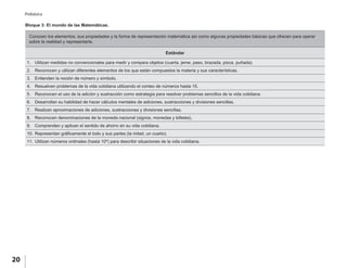 20
Prebásica
Conocen los elementos, sus propiedades y la forma de representación matemática así como algunas propiedades básicas que ofrecen para operar
sobre la realidad y representarla.
Estándar
1.	 Utilizan medidas no convencionales para medir y compara objetos (cuarta, jeme, paso, brazada, pizca, puñada).
2.	 Reconocen y utilizan diferentes elementos de los que están compuestos la materia y sus características.
3.	 Entienden la noción de número y símbolo.
4.	 Resuelven problemas de la vida cotidiana utilizando el conteo de números hasta 15.
5.	 Reconocen el uso de la adición y sustracción como estrategia para resolver problemas sencillos de la vida cotidiana.
6.	 Desarrollan su habilidad de hacer cálculos mentales de adiciones, sustracciones y divisiones sencillas.
7.	 Realizan aproximaciones de adiciones, sustracciones y divisiones sencillas.
8.	 Reconocen denominaciones de la moneda nacional (signos, monedas y billetes).
9.	 Comprenden y aplican el sentido de ahorro en su vida cotidiana.
10.	Representan gráficamente el todo y sus partes (la mitad, un cuarto).
11.	Utilizan números ordinales (hasta 10º) para describir situaciones de la vida cotidiana.
Bloque 3: El mundo de las Matemáticas.
 