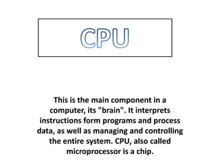 This is the main component in a
    computer, its "brain". It interprets
 instructions form programs and process
data, as well as managing and controlling
    the entire system. CPU, also called
         microprocessor is a chip.
 