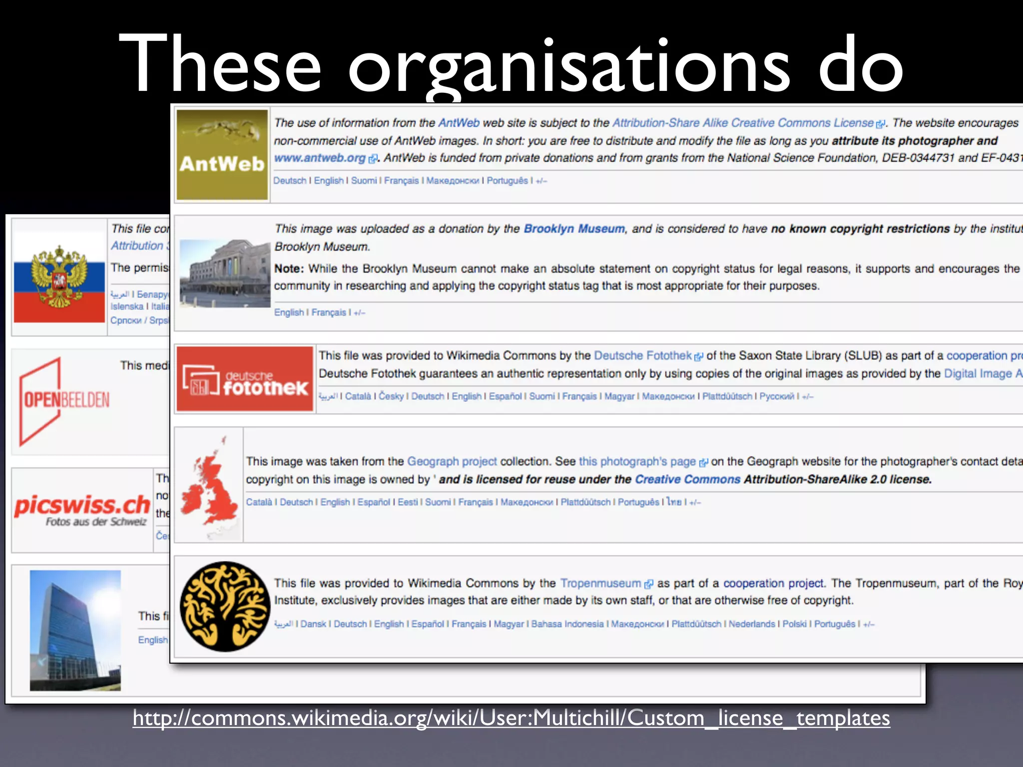 These organisations do




http://commons.wikimedia.org/wiki/User:Multichill/Custom_license_templates
 
