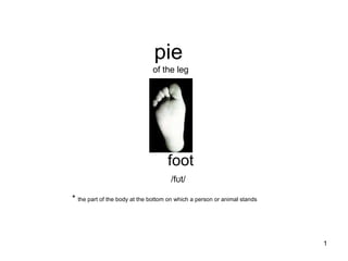 pie foot /fʊt/  *  the part of the body at the bottom on which a person or animal stands   of the leg 