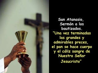 San Atanasio,  Sermón a los bautizados. “ Una vez terminadas las grandes y admirables preces,  el pan se hace cuerpo y el cáliz sangre de Nuestro Señor Jesucristo”   
