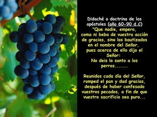 Didaché o doctrina de los apóstoles ( año 60-90 d.C ) "Que nadie, empero,  coma ni beba de vuestra acción de gracias, sino los bautizados en el nombre del Señor,  pues acerca de ello dijo el Señor:  No deis lo santo a los perros....... Reunidos cada día del Señor, romped el pan y dad gracias, después de haber confesado vuestros pecados, a fin de que vuestro sacrificio sea puro... 