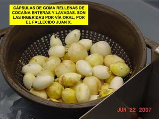 CÁPSULAS DE GOMA RELLENAS DE COCAÍNA ENTERAS Y LAVADAS. SON LAS INGERIDAS POR VÍA ORAL, POR EL FALLECIDO JUAN X. 
