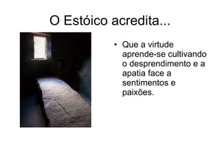 O Estóico acredita... Que a virtude aprende-se cultivando o desprendimento e a apatia face a sentimentos e paixões.