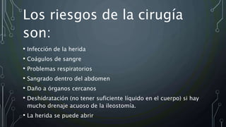 Los riesgos de la cirugía
son:
• Infección de la herida
• Coágulos de sangre
• Problemas respiratorios
• Sangrado dentro del abdomen
• Daño a órganos cercanos
• Deshidratación (no tener suficiente líquido en el cuerpo) si hay
mucho drenaje acuoso de la ileostomía.
• La herida se puede abrir
 