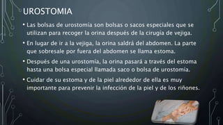 UROSTOMIA
• Las bolsas de urostomía son bolsas o sacos especiales que se
utilizan para recoger la orina después de la cirugía de vejiga.
• En lugar de ir a la vejiga, la orina saldrá del abdomen. La parte
que sobresale por fuera del abdomen se llama estoma.
• Después de una urostomía, la orina pasará a través del estoma
hasta una bolsa especial llamada saco o bolsa de urostomía.
• Cuidar de su estoma y de la piel alrededor de ella es muy
importante para prevenir la infección de la piel y de los riñones.
 
