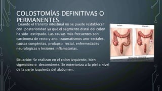 COLOSTOMÍAS DEFINITIVAS O
PERMANENTES
Cuando el tránsito intestinal no se puede restablecer
con posterioridad ya que el segmento distal del colon
ha sido extirpado. Las causas más frecuentes son
carcinoma de recto y ano, traumatismos ano-rectales,
causas congénitas, prolapso rectal, enfermedades
neurológicas y lesiones inflamatorias.
Situación: Se realizan en el colon izquierdo, bien
sigmoideo o descendente. Se exterioriza a la piel a nivel
de la parte izquierda del abdomen.
 