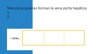 Menciona quienes forman la vena porta hepática
1.
2.
 