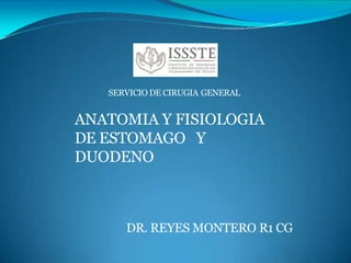 DR. REYES MONTERO R1 CG
SERVICIO DE CIRUGIA GENERAL
ANATOMIA Y FISIOLOGIA
DE ESTOMAGO Y
DUODENO
 