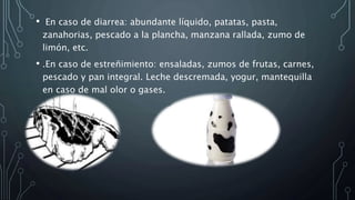 • En caso de diarrea: abundante líquido, patatas, pasta, 
zanahorias, pescado a la plancha, manzana rallada, zumo de 
limón, etc. 
• .En caso de estreñimiento: ensaladas, zumos de frutas, carnes, 
pescado y pan integral. Leche descremada, yogur, mantequilla 
en caso de mal olor o gases. 
 