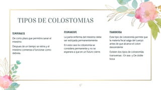 TIPOS DE COLOSTOMIAS
TEMPORALES
De corto plazo,que permitira sanar el
intestino.
Despues de un tiempo se retira y el
intestino comienza a funcionar como
debreia.
PERMANENTE
La parte enferma del intestino debe
ser extirpada permanentemente.
En este caso la colostomía se
considera permanente y no se
esperara a que en un futuro cierre.
TRANSVERSA
Este tipo de colostomía permite que
la materia fecal salga del cuerpo
antes de que alcance el colon
descendente
Existen dos tipos de colostomías
transversas : En asa y De doble
boca
17
 