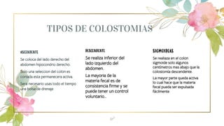TIPOS DE COLOSTOMIAS
ASCENDENTE
Se coloca del lado derecho del
abdomen hipocondrio derecho.
Solo una seleccion del colon es
cortada esta permanecera activa.
Sera necesario usas todo el tiempo
una bolsa de drenaje
18
DESCENDENTE
Se realiza inferior del
lado izquierdo del
abdomen.
La mayoria de la
materia fecal es de
consistencia firme y se
puede tener un control
voluntario..
SIGMOIDEAS
Se realiaza en el colon
sigmoide solo algunos
centímetros mas abajo que la
colostomía descendente.
La mayor parte queda activa
lo cual hace que la materia
fecal pueda ser expulsada
fácilmente
 